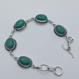 Vtg Faux Malachite Oval Cabochon Stone Unmarked Silver Tone Bracelet 7”- 7.5”